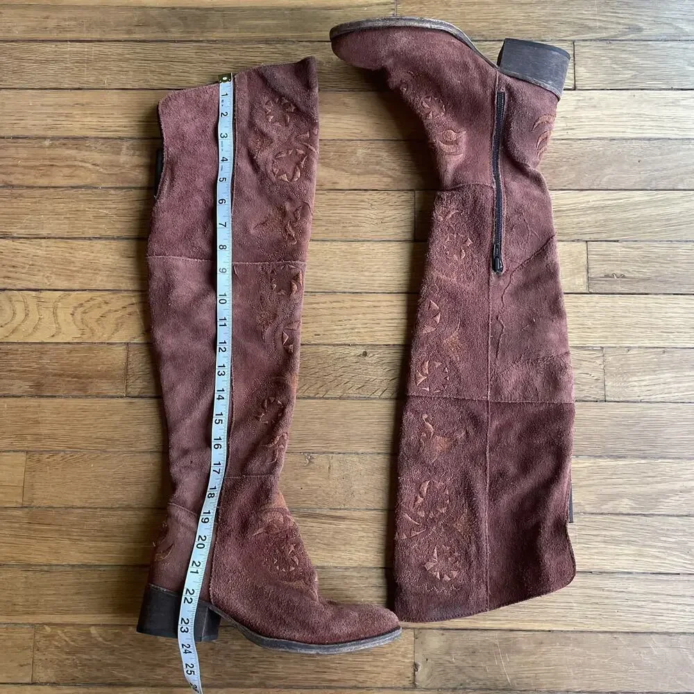 Free People Brown High Noon Suede Embroidered Over Knee Boots Sz EU 37/US 6.5